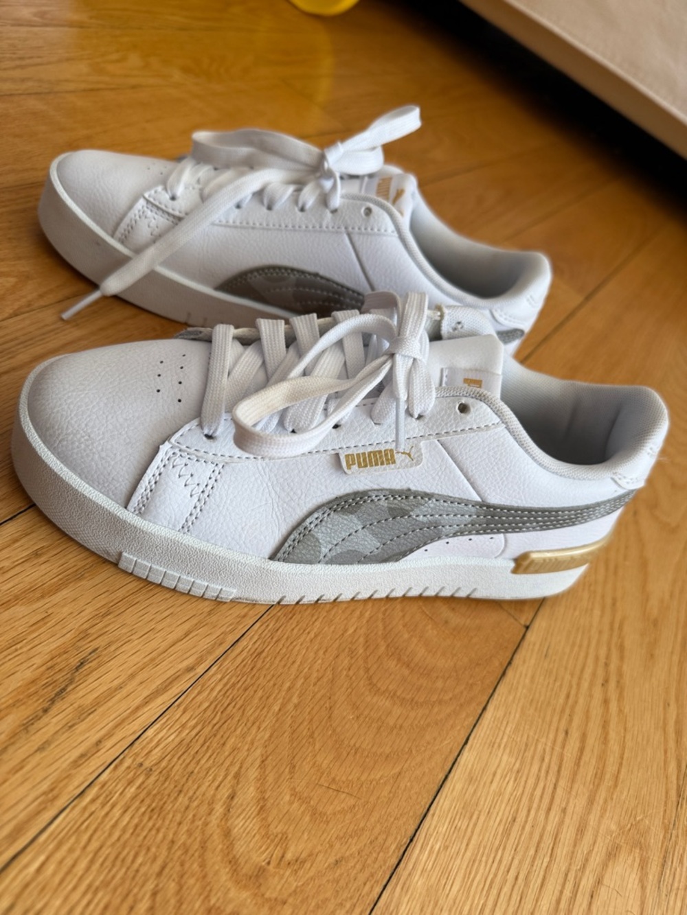 Puma White Sneakers with Gray & Gold Accents